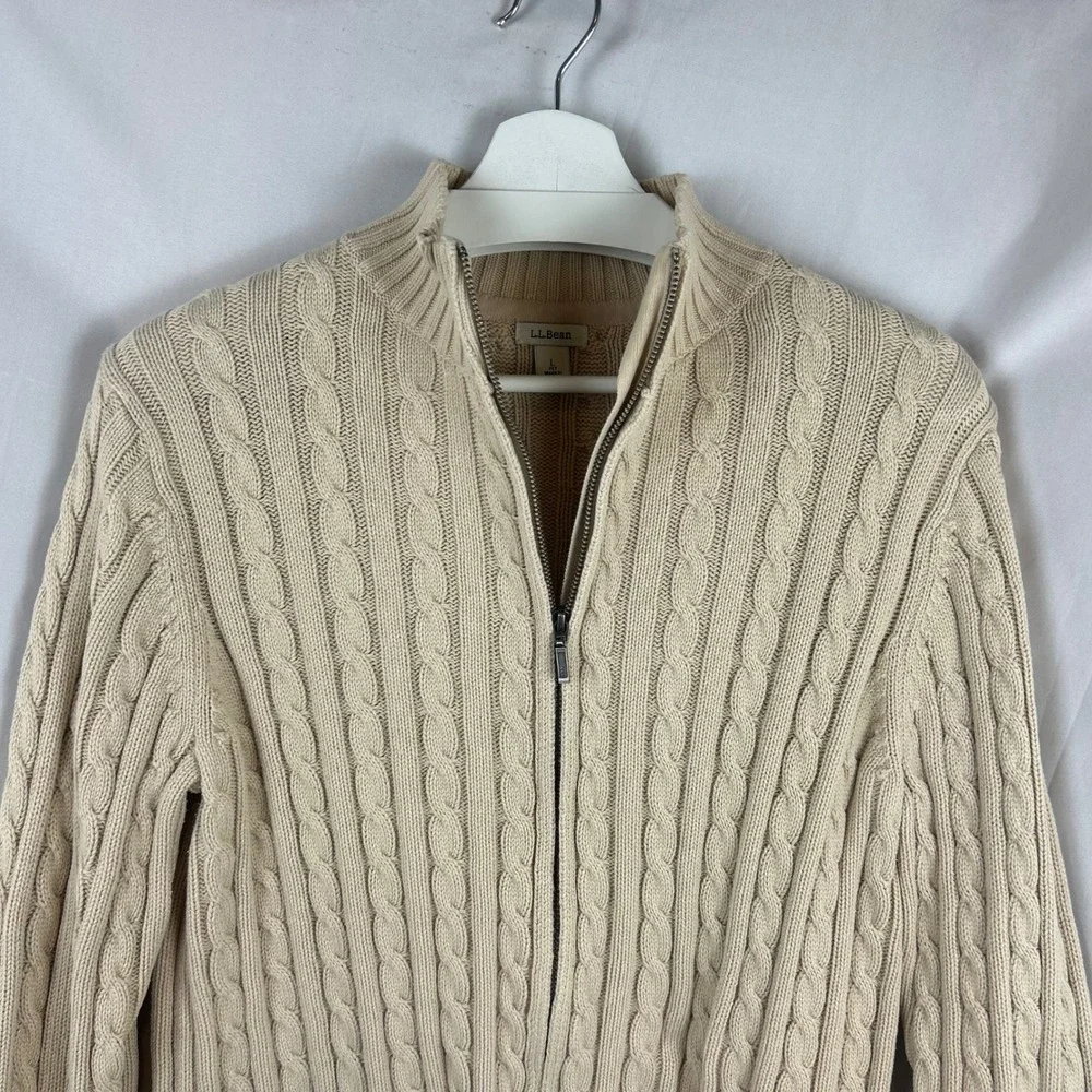 LL Bean Womens Large Petite Beige Cable Knit Full Zip Cotton Cardigan Sweater